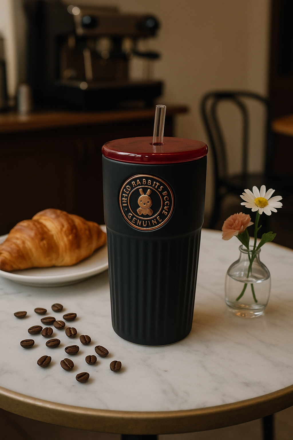 Focus Ceramics Hello Rabbit Tumbler – 400mL Ceramic Cup with Lid & Straw