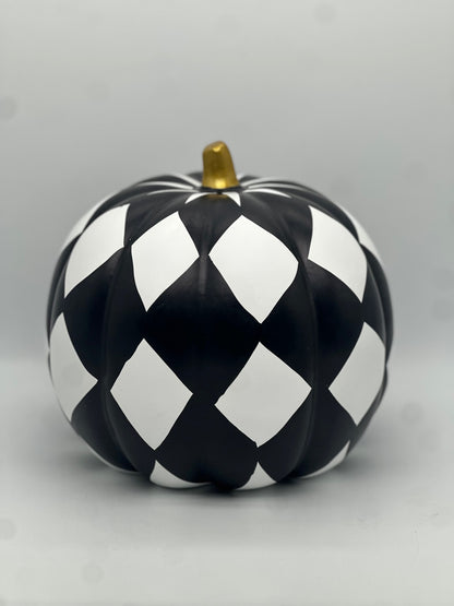 Black & White Harlequin Resin Pumpkin – 7.8" Tall Decorative Accent with Gold Stem