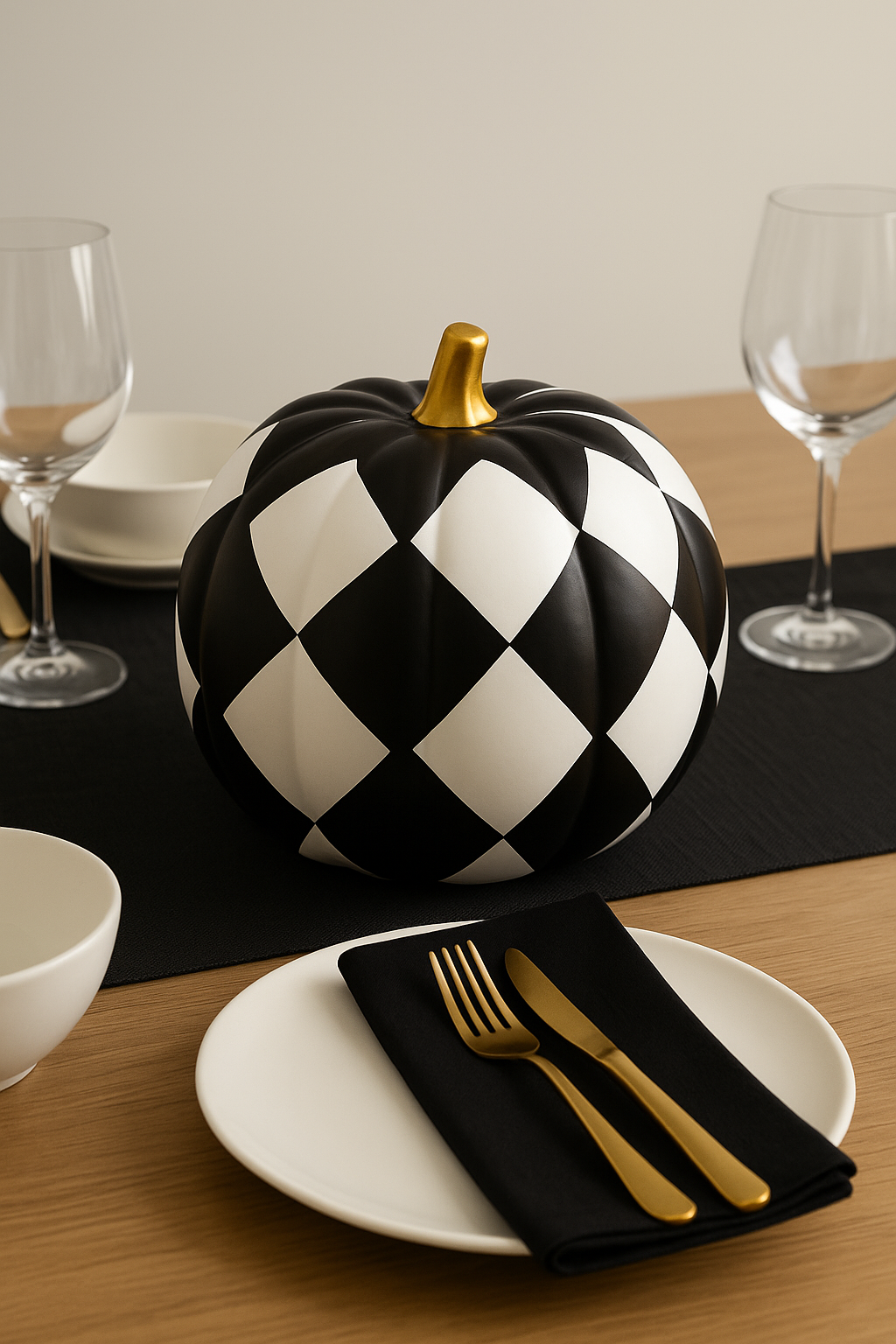 Black & White Harlequin Resin Pumpkin – 7.8" Tall Decorative Accent with Gold Stem