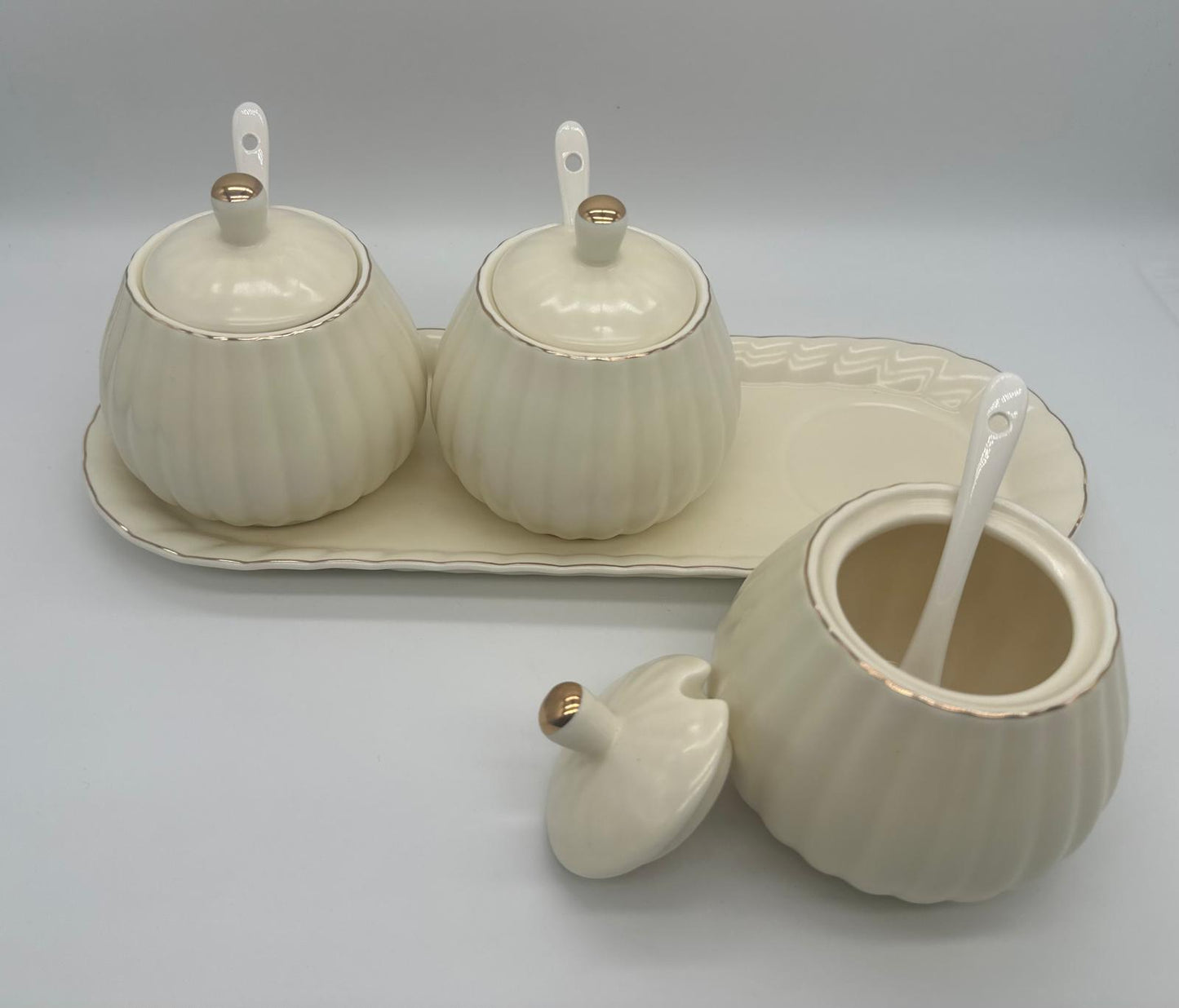 Elegant Celadon Green Ceramic Condiment Set with Tray - 3 jars
