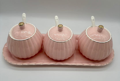 Elegant Celadon Green Ceramic Condiment Set with Tray - 3 jars