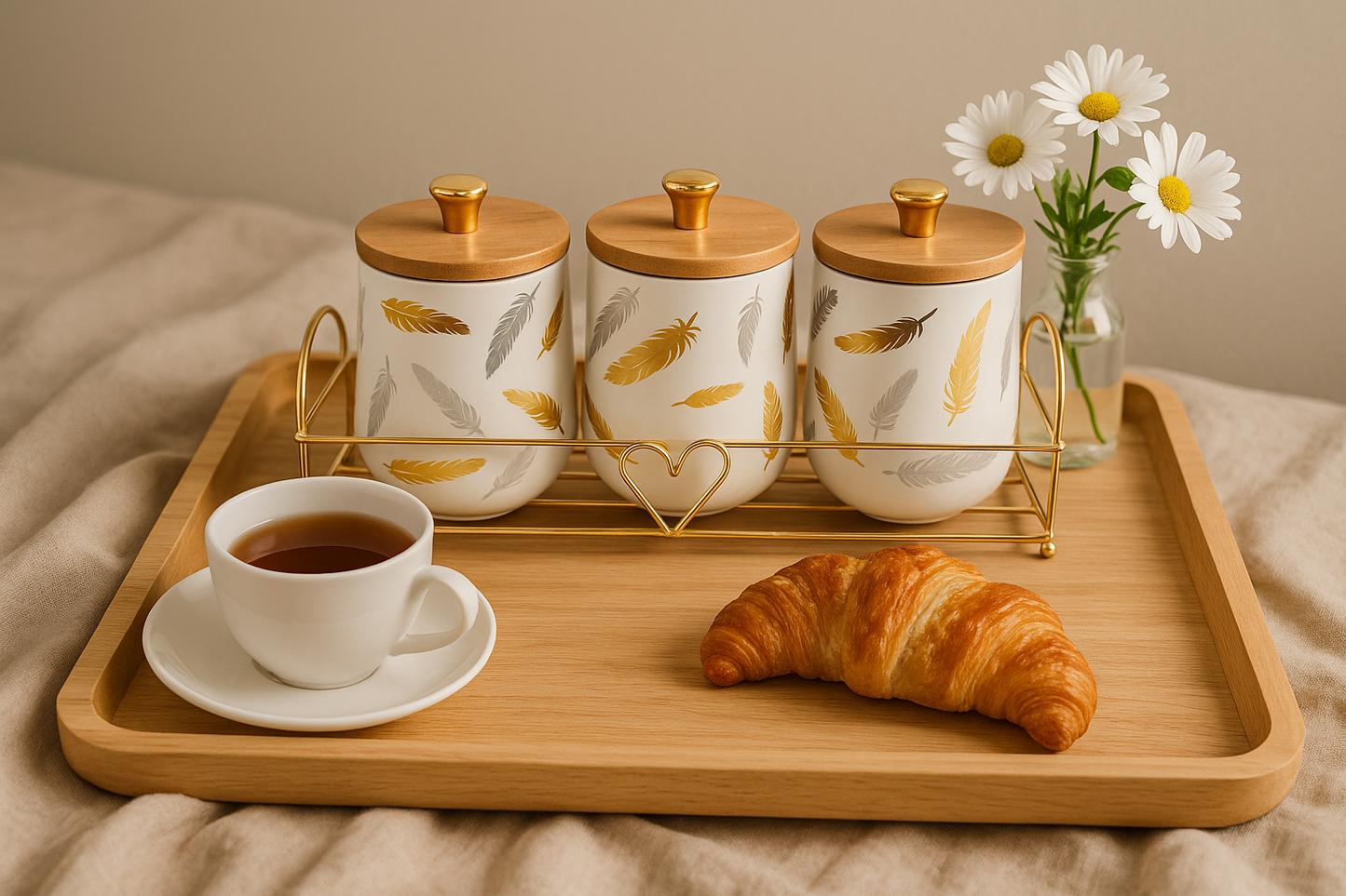 Feather Print Ceramic Jar Set with Bamboo Lids and Gold Stand – 3-Piece