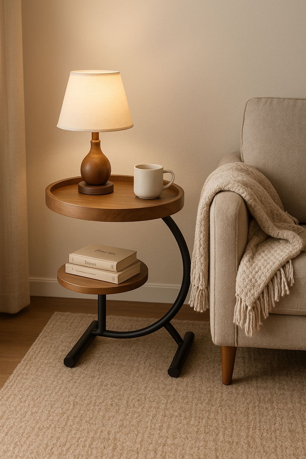 Modern Two-Tier Round Side Table with Curved Metal Frame – 23" Tall