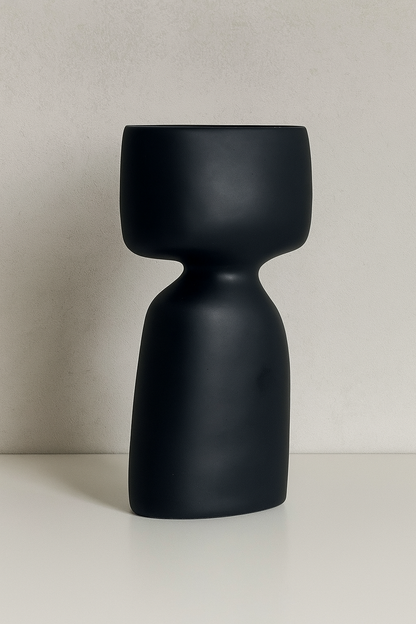 Modern Sculptural Pottery Vase – Matte Black Clay, 14.5" Tall