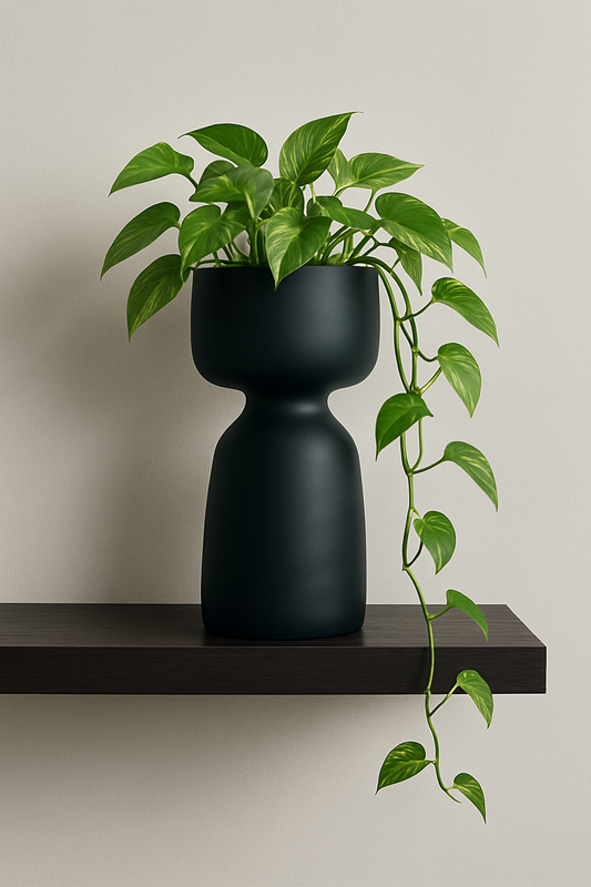 Modern Sculptural Pottery Vase – Matte Black Clay, 14.5" Tall
