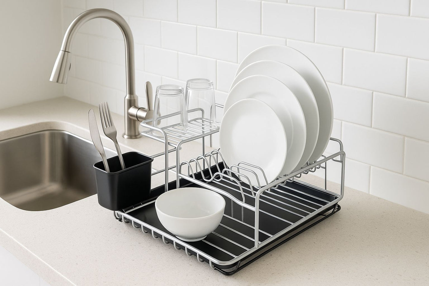 2-Tier Large Dish Drying Rack with Cutlery Holder, Cup Hooks & Drip Tray