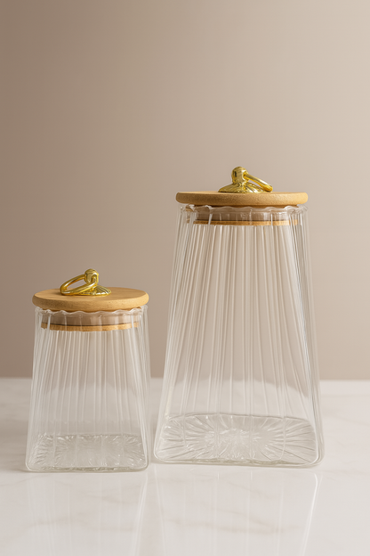 Glass Storage Jar Set with Wooden Lid & Gold Handle – 450ml & 1200ml