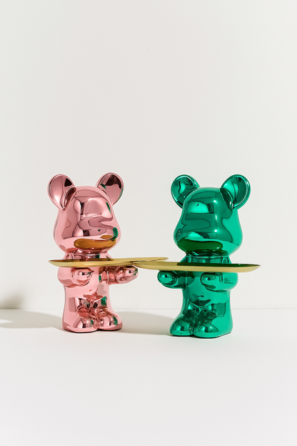 Chrome Bear Figurine with Gold Tray – Bold & Functional Decor Accent