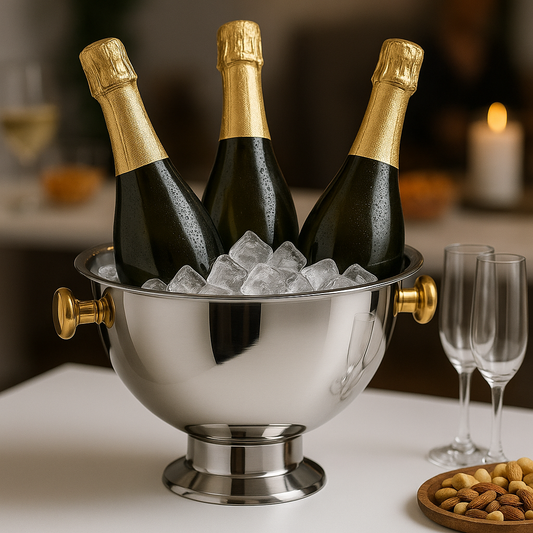 Premium Stainless Steel Champagne & Wine Ice Bucket – 38x27cm Large Capacity with Gold Handles – Modern Bar & Party Accessory