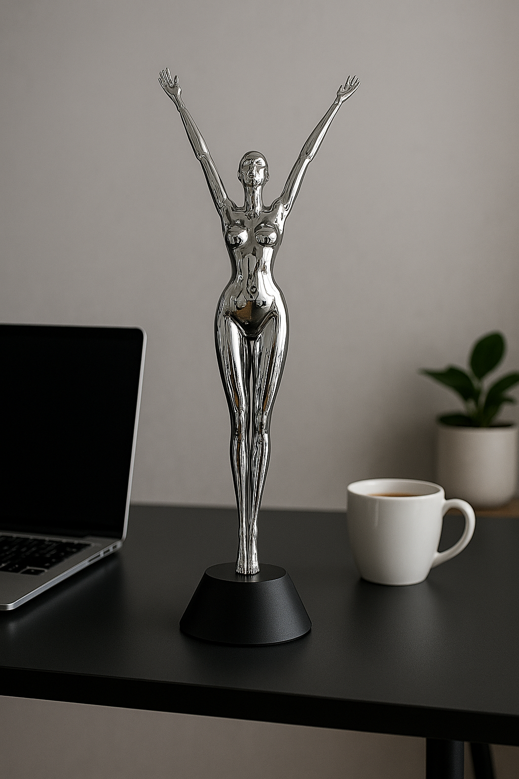 16.5" Chrome Resin Female Figurine with Black Plastic Base – Heavy & Modern Accent
