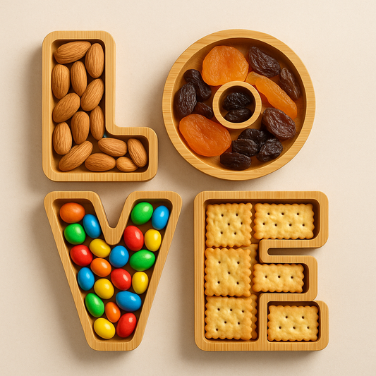 Wooden LOVE Snack Tray – 4-Section Bamboo Serving Platter