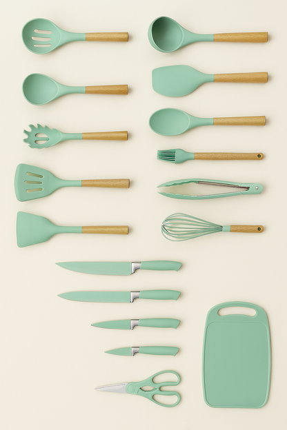 19-Piece EVRYEALTH Kitchenware Set – Silicone Utensils & Stainless Steel Knives with Holder