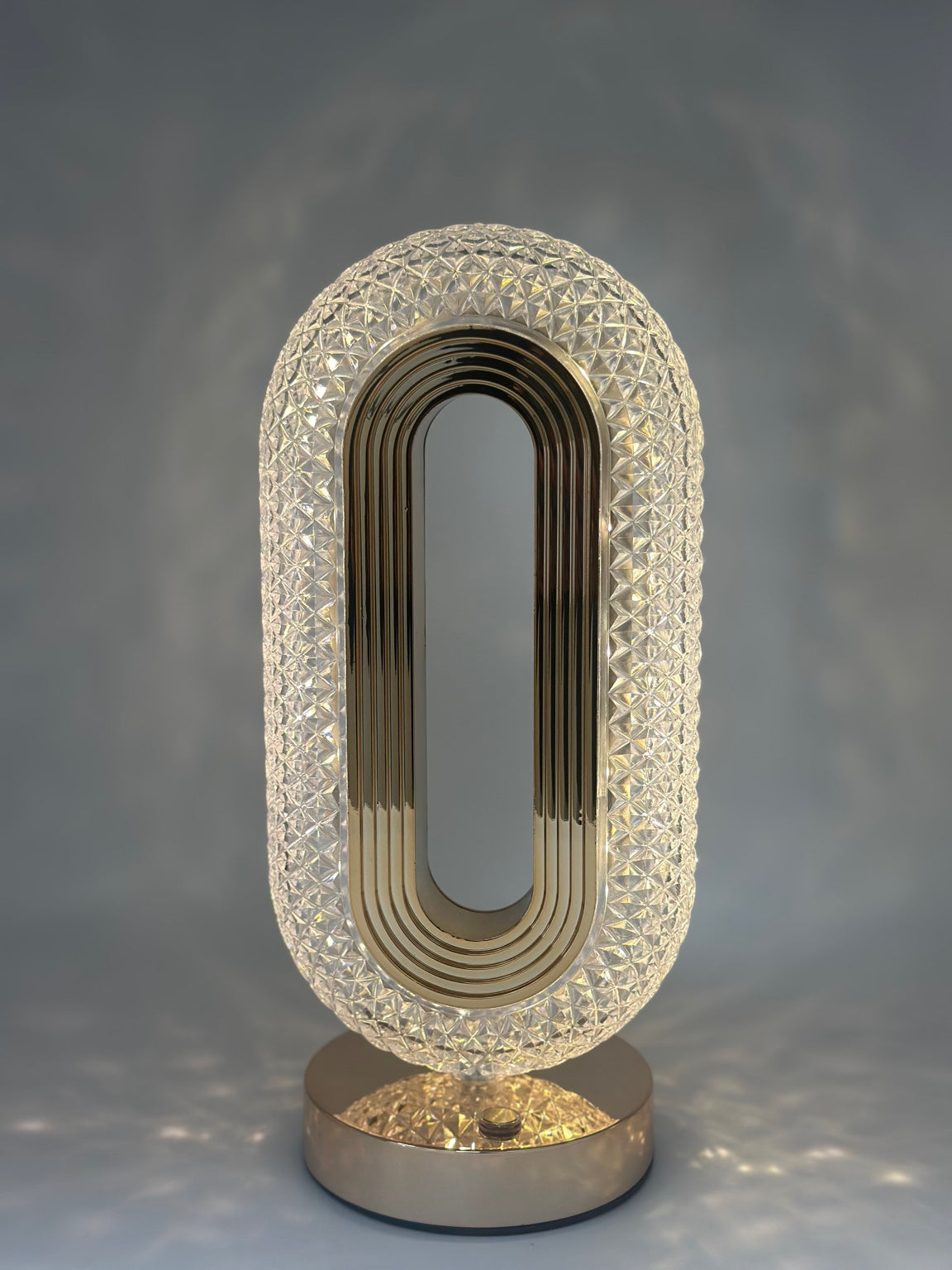 Oval Diamond‑Cut USB Rechargeable Crystal Table Lamp – Gold Accent
