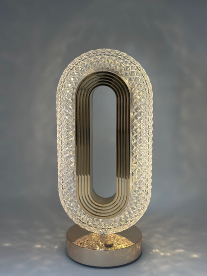 Oval Diamond‑Cut USB Rechargeable Crystal Table Lamp – Gold Accent