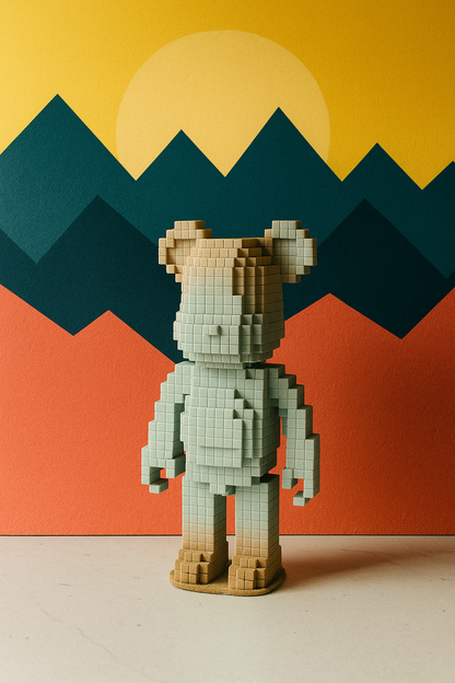 Pixel Style Wooden Bear Figurine – Modern Geometric Home Decor, 12.5 inch