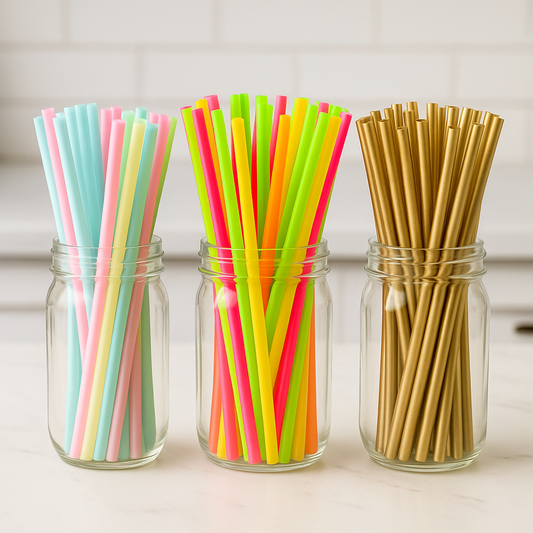 100-Pack 9" Colorful Plastic Straws – Pastel, Neon, Gold