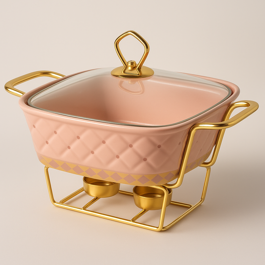 Porcelain Square Casserole Dish with Glass Lid & Gold Metal Stand – 11", 13", 15"