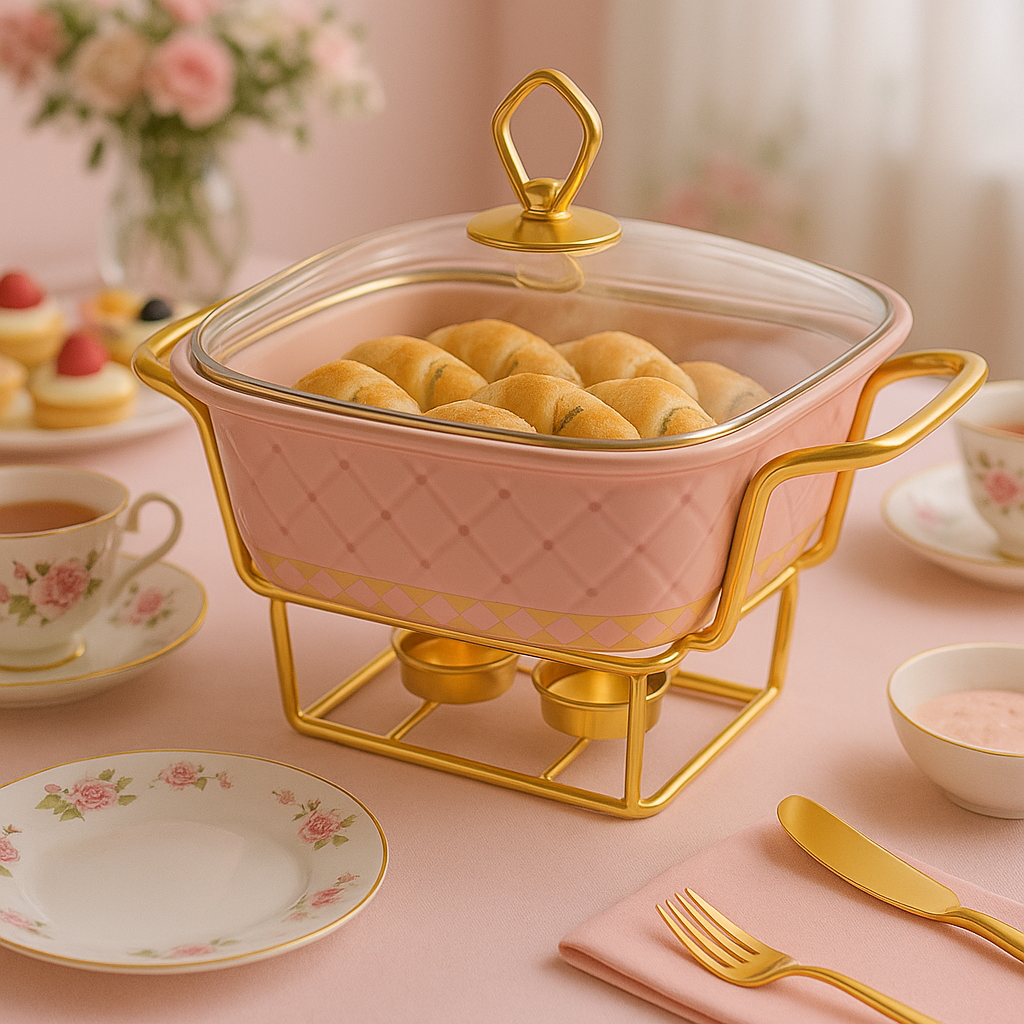 Porcelain Square Casserole Dish with Glass Lid & Gold Metal Stand – 11", 13", 15"