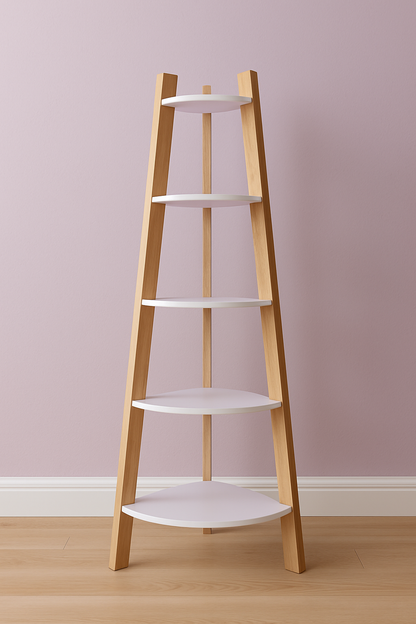 5-Tier Corner Wooden Ladder Shelf Rack – 5 Ft, Purple & Natural Finish
