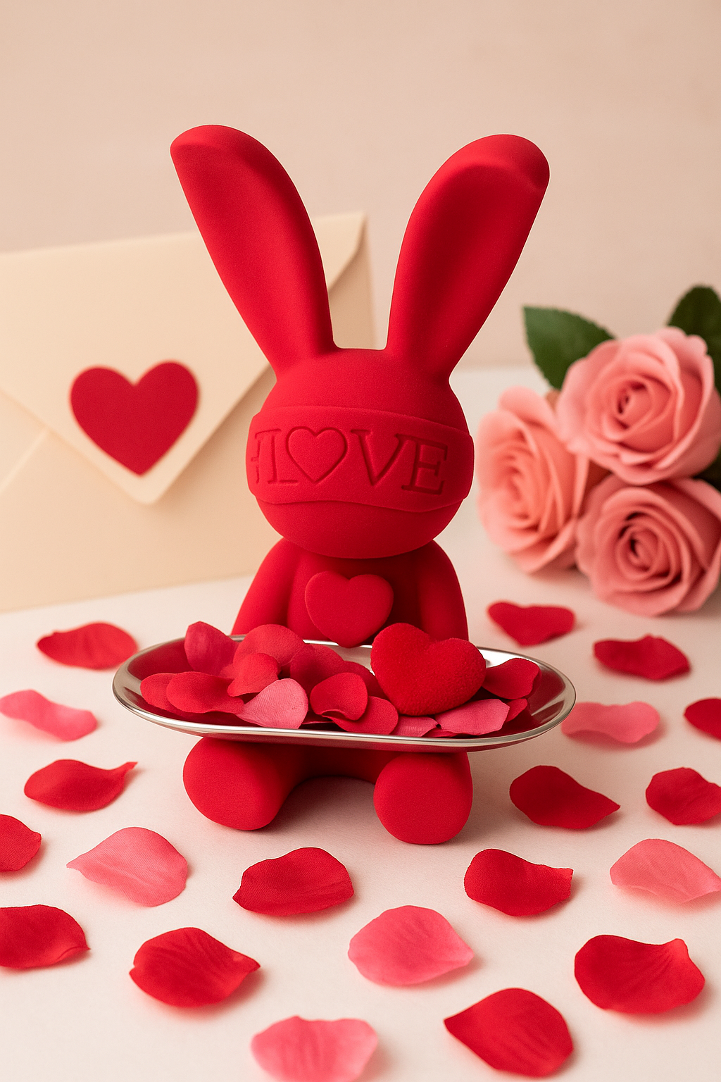 13" Red LOVE Bunny Figurine with Chrome Tray – Decorative Organizer & Gift Piece