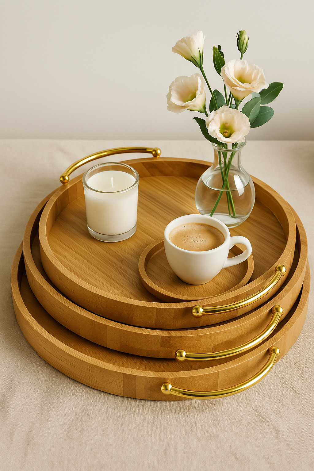 Set of 3 Round Wooden Trays with Gold Handles – 10.5", 11.5", 14"