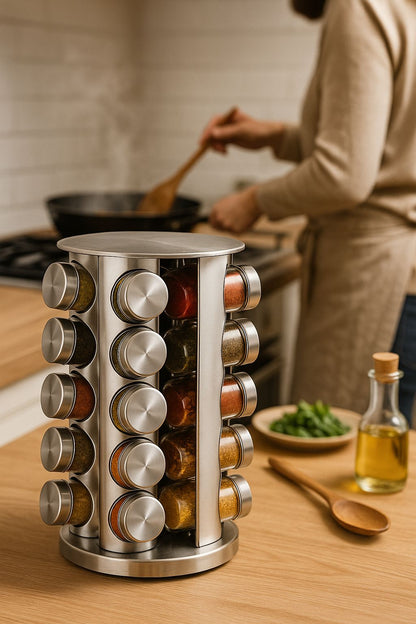 Rotating 20-Jar Spice Rack with Glass Jars and Stainless Steel Lids