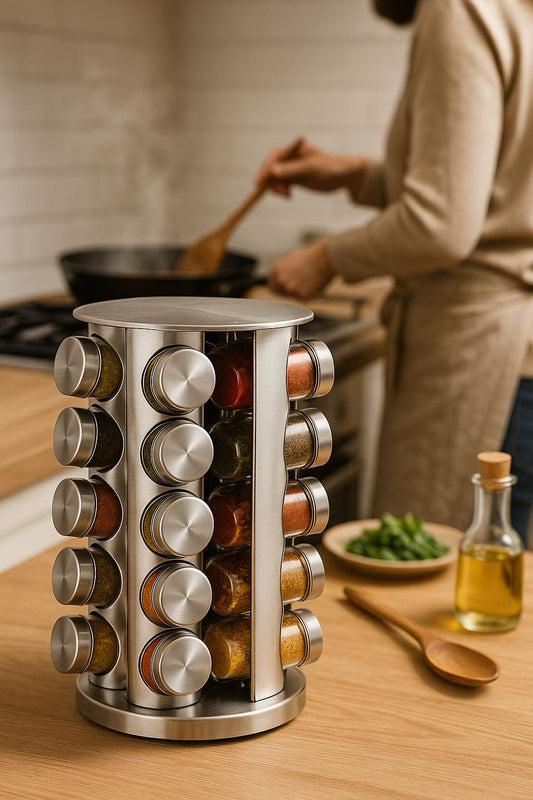 Rotating 20-Jar Spice Rack with Glass Jars and Stainless Steel Lids