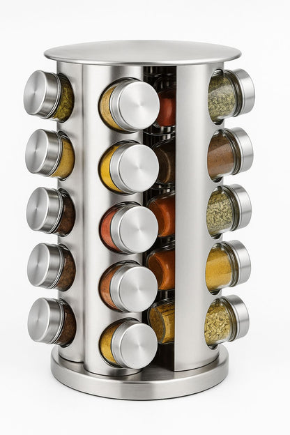 Rotating 20-Jar Spice Rack with Glass Jars and Stainless Steel Lids
