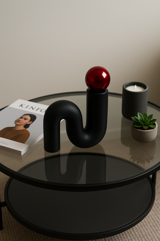 Modern U‑Shaped Chrome‑Top Plastic Vase – 6″ x 6″  with Red Metallic Ball Accent