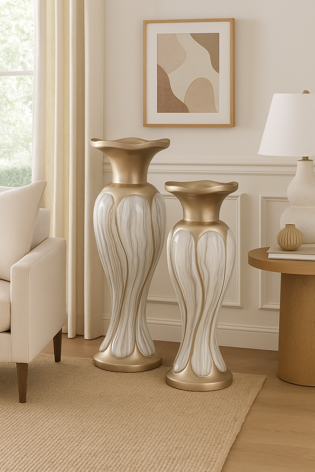 Elegant Swirl-Design Floor Vases – Set of 2, Gold & White