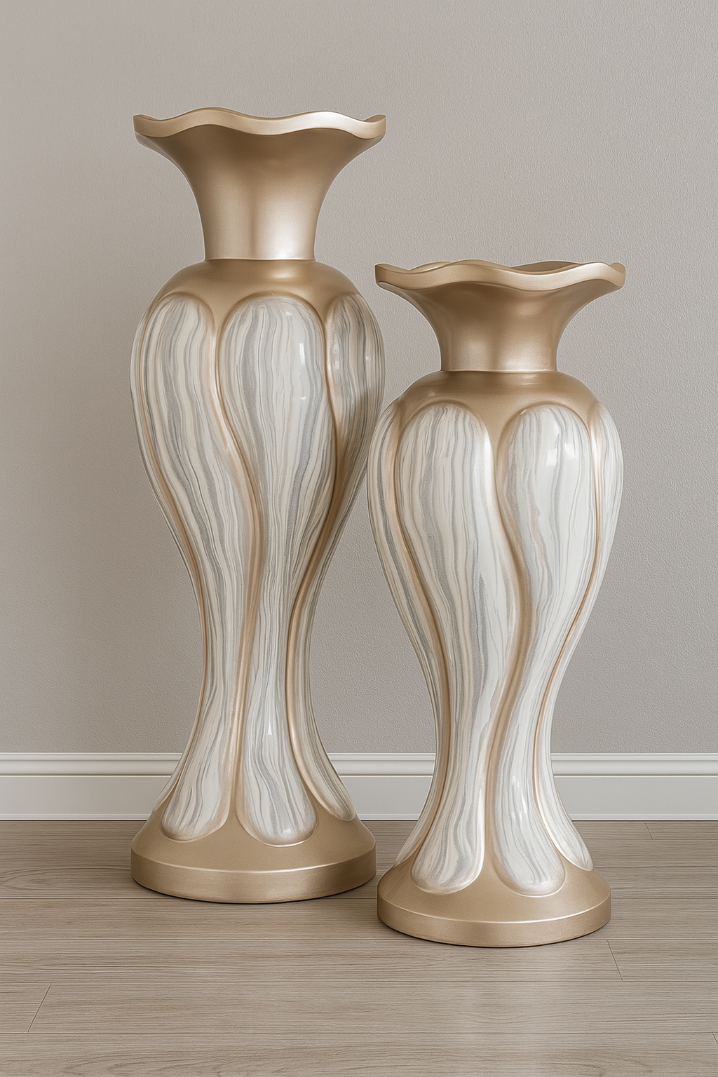 Elegant Swirl-Design Floor Vases – Set of 2, Gold & White