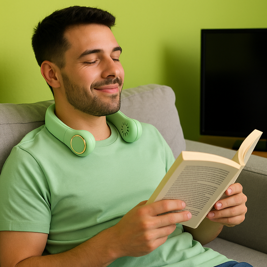 Rechargeable Quad-Core Neck Fan – 4-Speed Wearable Cooling for Travel, Gym, Outdoor