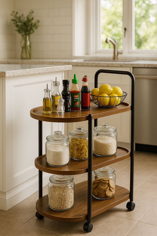 3-Tier Rolling Utility Cart with Wood Shelves & Metal Frame – 3 ft Tall